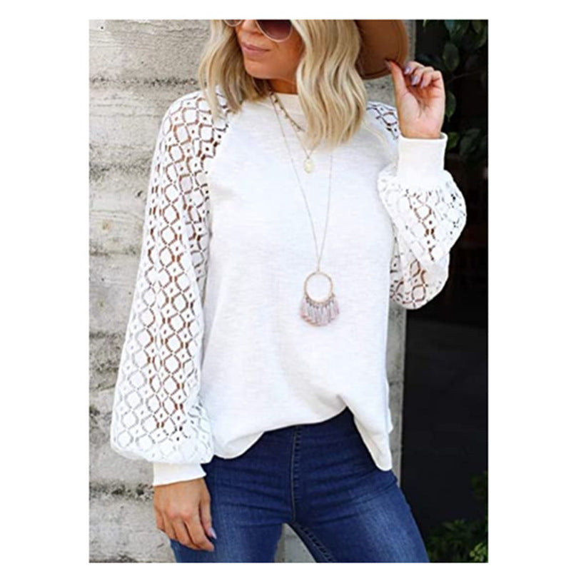 Round Neck Long Sleeve Lace Stitching Top Women