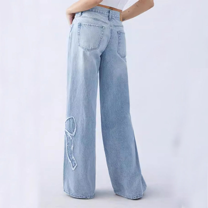 Pantalon droit pour femme, jean brodé avec papillon effiloché sur le côté, design de rue, pantalon baggy pour fille sexy