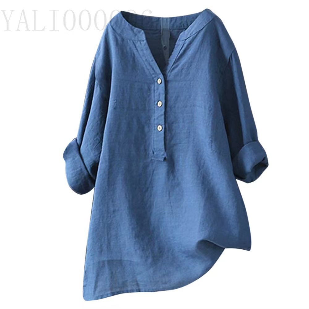 Loose Solid Color Stand Collar Button Long Sleeve Cotton And Linen Top