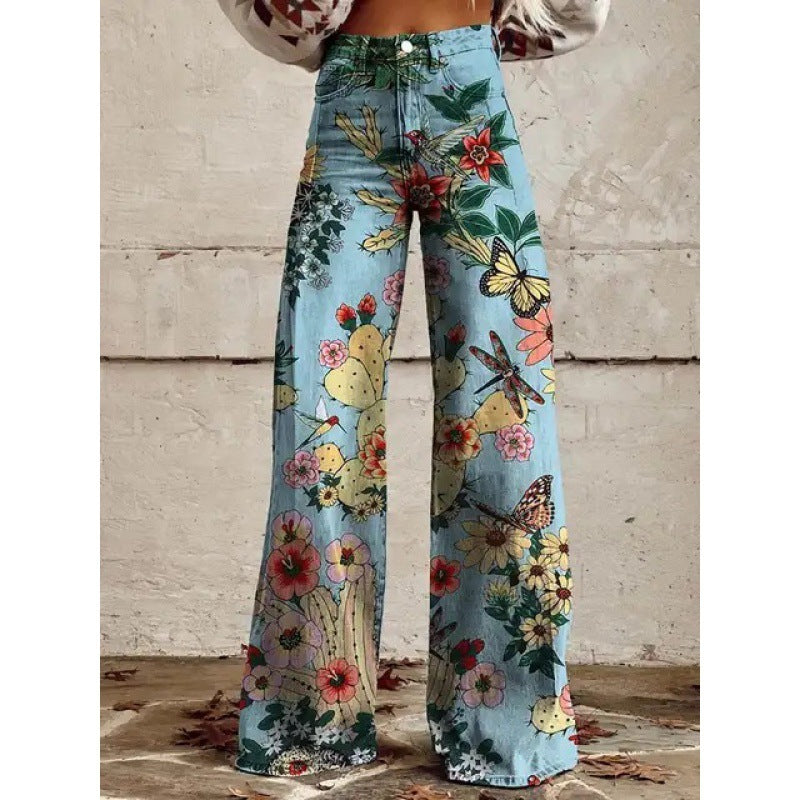 Pantalon large taille haute ample en imitation denim imprimé pour femme