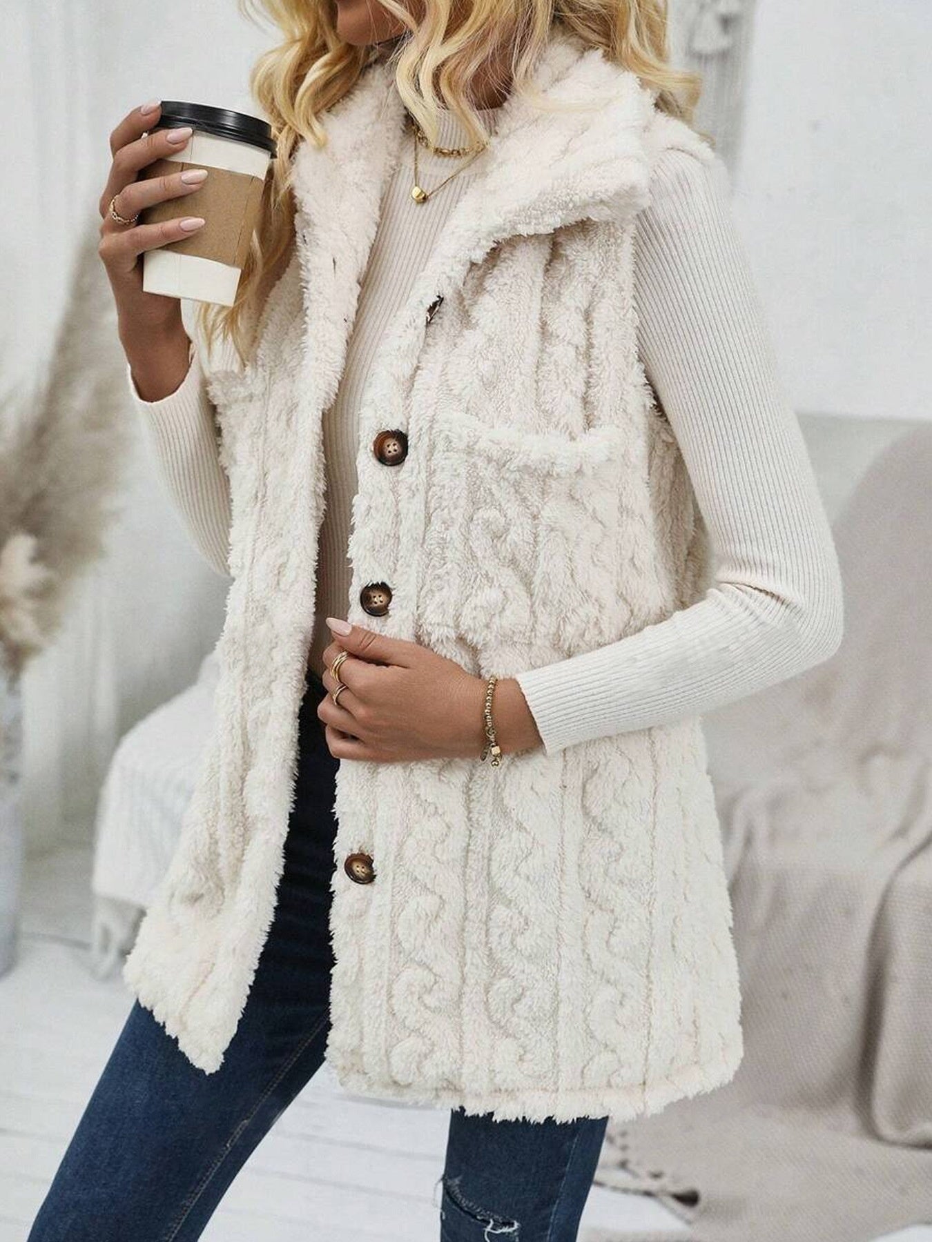 Double-sided Plush Pocket Cardigan Lapel Vest Casual Jacket