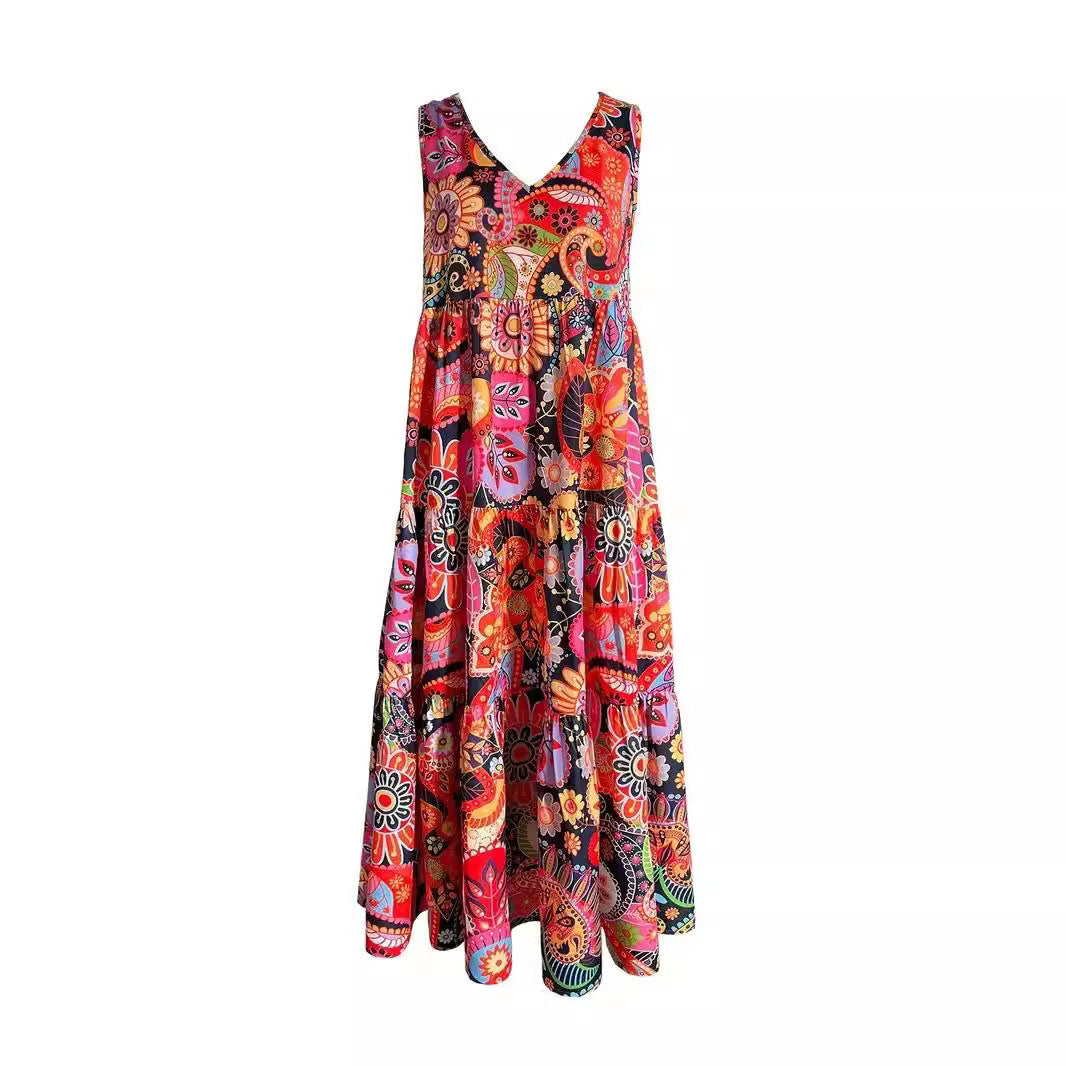 Women's Casual Floral V-neck Vest Large Hem Dress