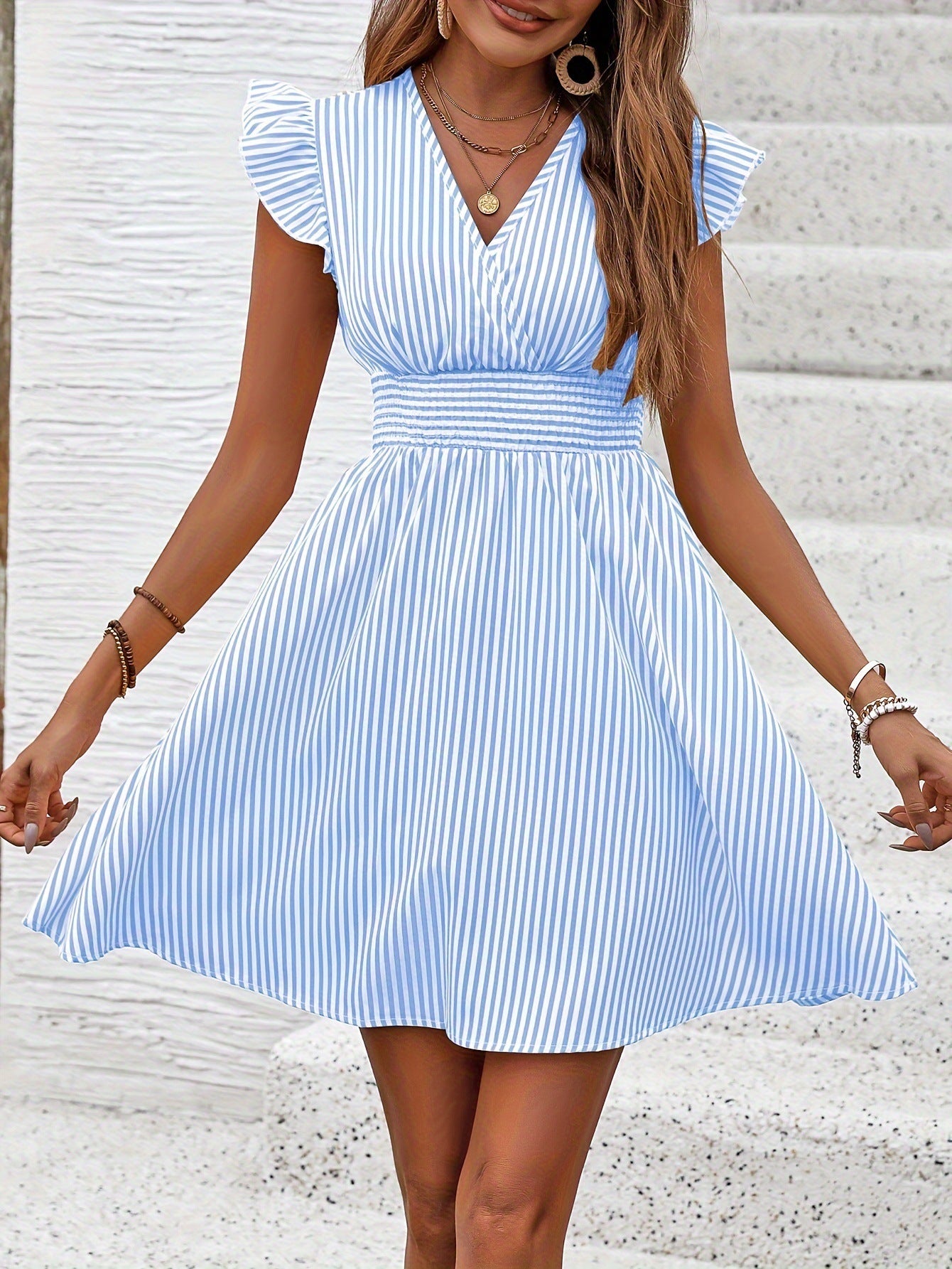 Spring And Summer Tight Waist V-neck Striped Shirt Dress