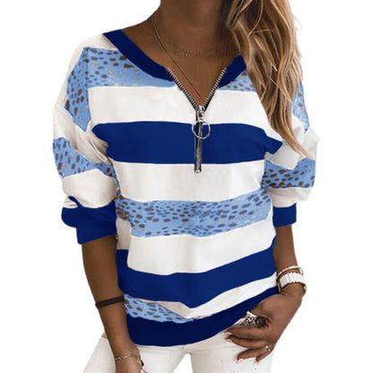 European And American Loose Striped Printed V-Neck Long-Sleeved T-Shirt Sweatshirt