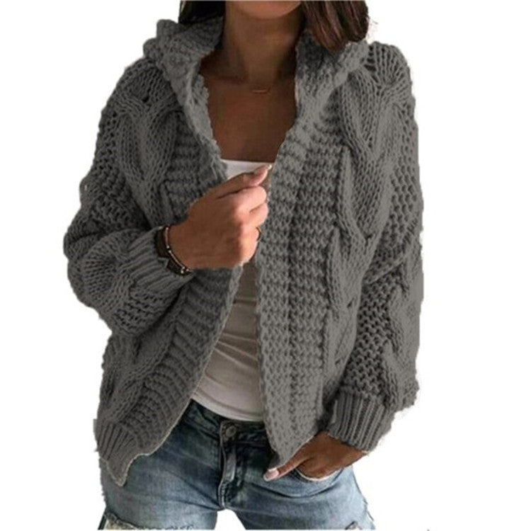 Cardigan à bonnet torsadé en tricot épais pour femme