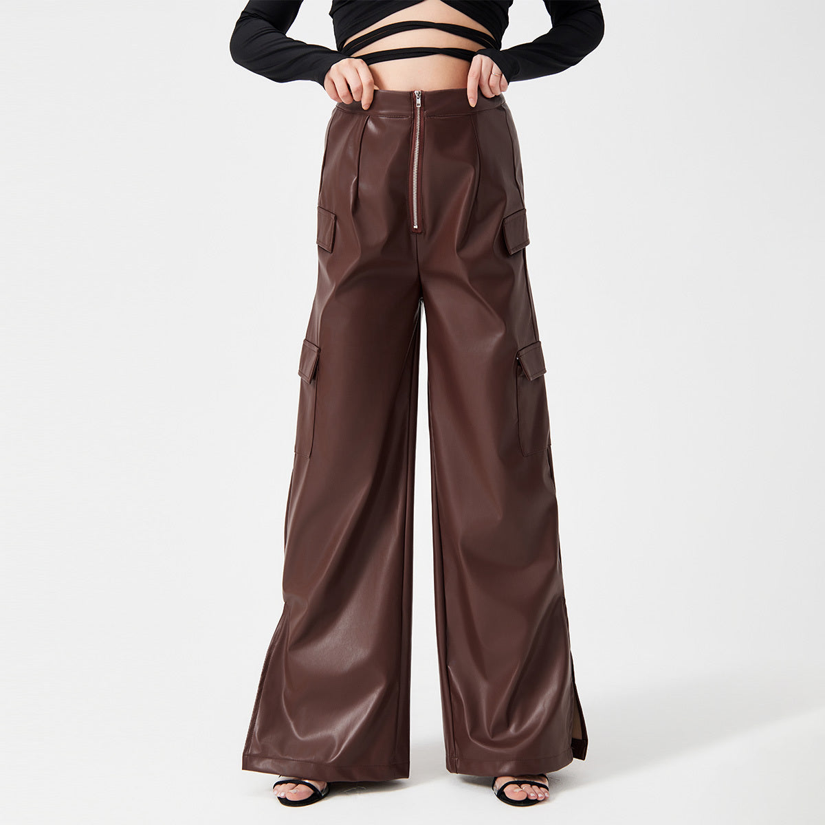 Pantalons en PU à la mode avec poches zippées en métal Pantalons longs