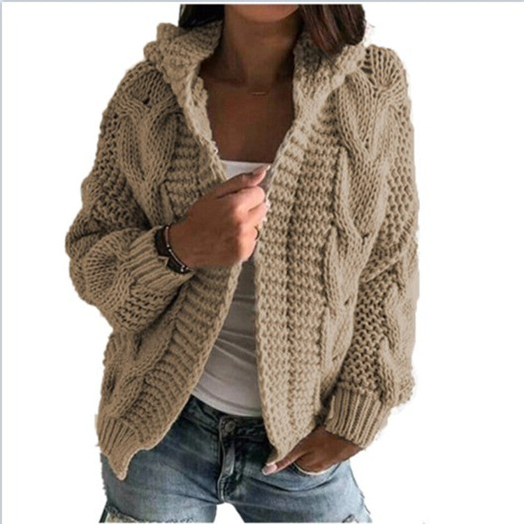 Cardigan à bonnet torsadé en tricot épais pour femme