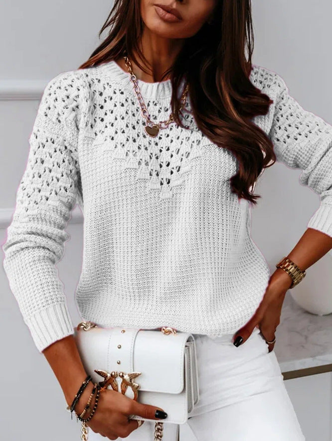 Pure Color Jacquard Hollow Out Stitching Round Neck Elegant Sweater