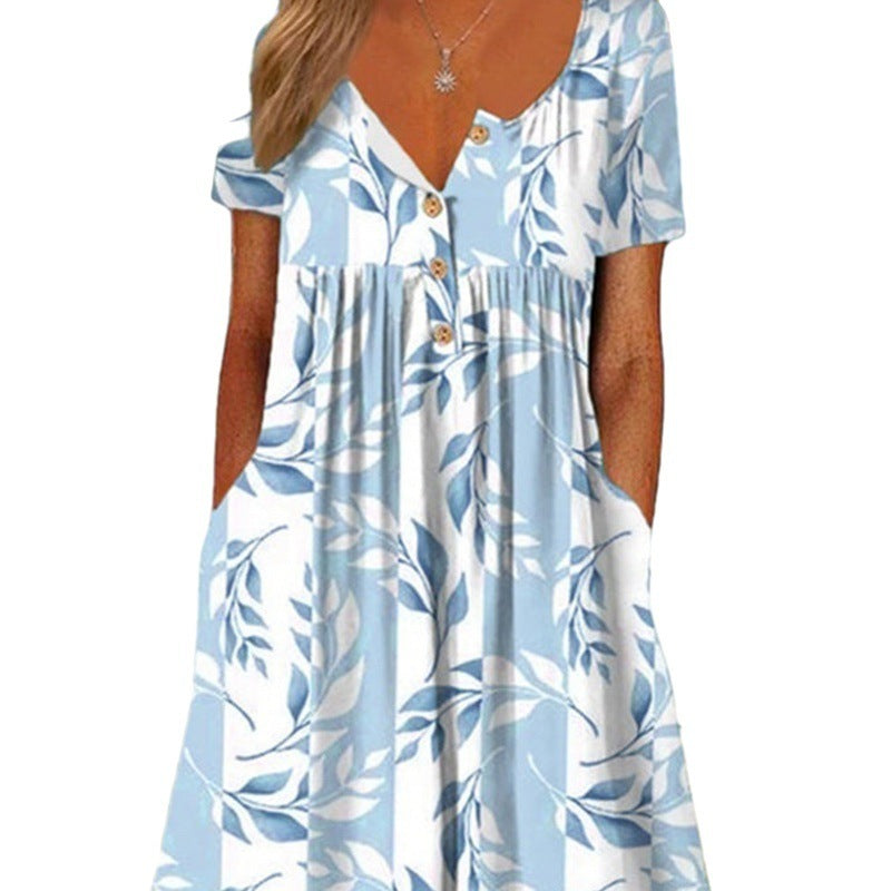 V-neck Printed Short Sleeve Slim Fit Slimming Long Dress