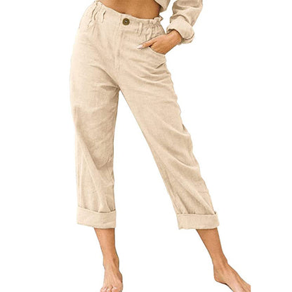 Pantalon patchwork en coton et lin pour femme, pantalon à taille élastique avec cordon de serrage au dos, pantalon décontracté ample