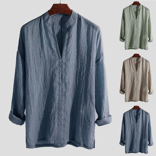 Cotton and linen solid color long-sleeved top