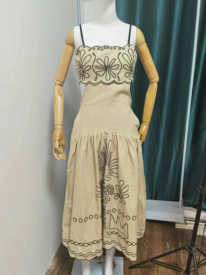 Women's Vintage Embroidered Linen Sling Fashion Hollowed-out Sleeveless Pocket Dress