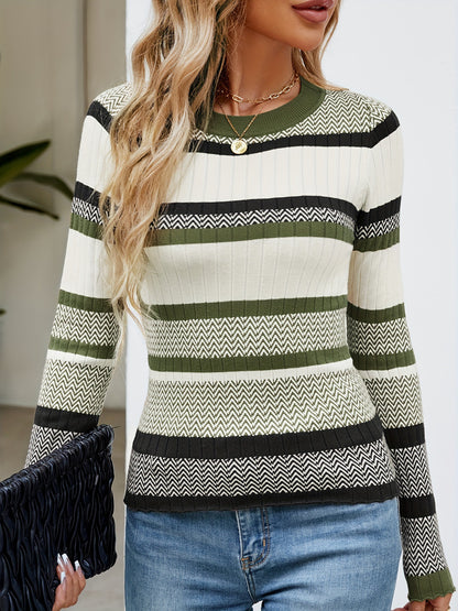 Contrast Color Striped Thread Top Fashion Sweater Women's