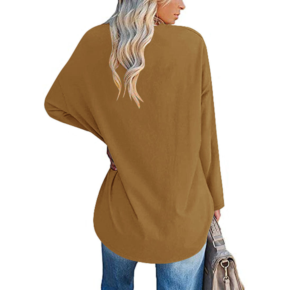 Solid Color Loose Drop Shoulder Sleeve V Neck Long Sleeve Blouse