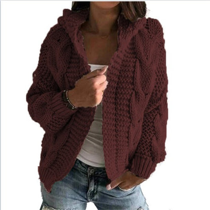 Cardigan à bonnet torsadé en tricot épais pour femme