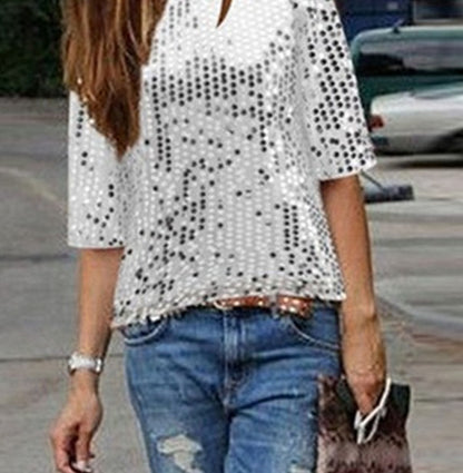 Sequined Sequined Mid-sleeve One-neck Loose Casual T-shirt