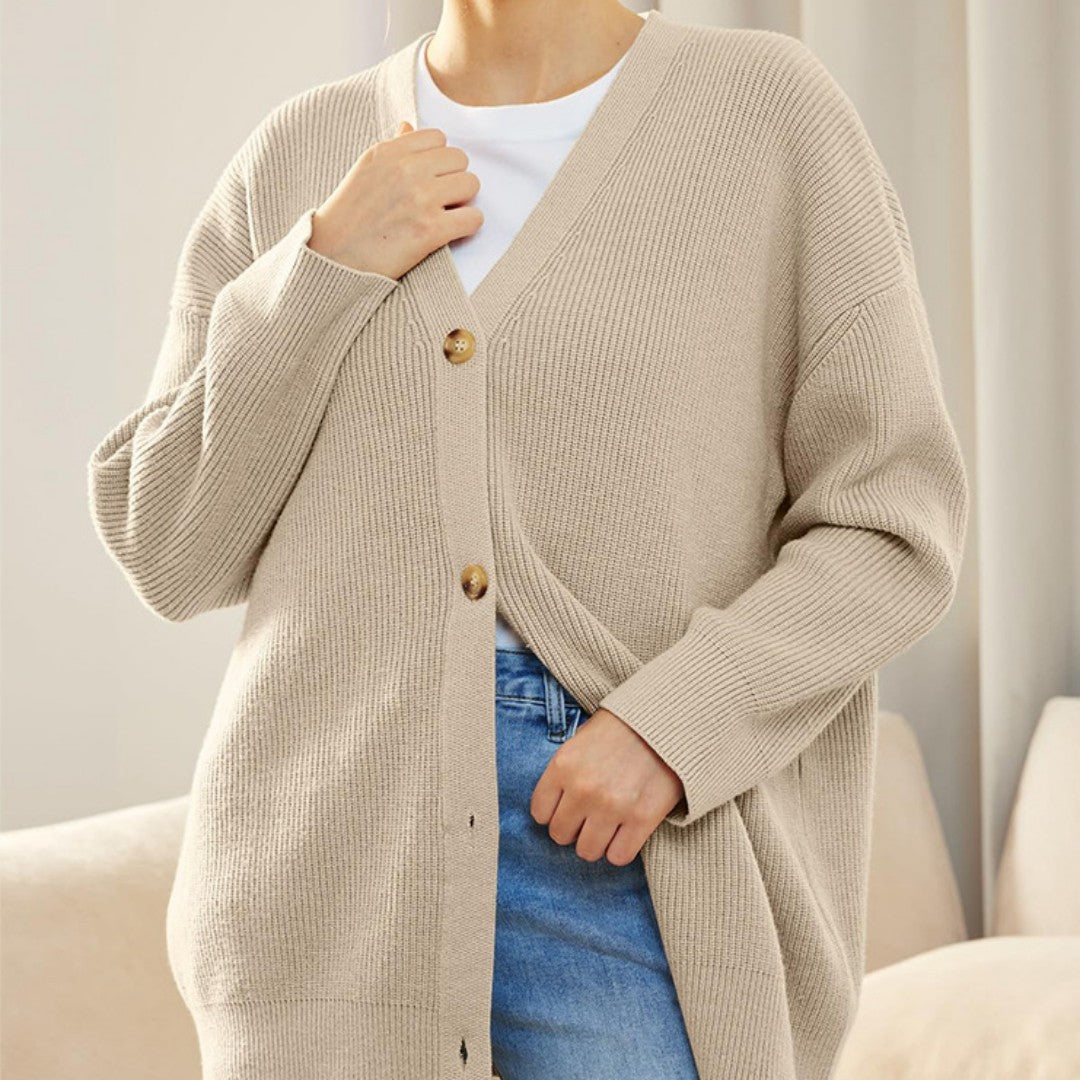 European And American Style Simple All-match Knitted Button V-neck Solid Color Sweater