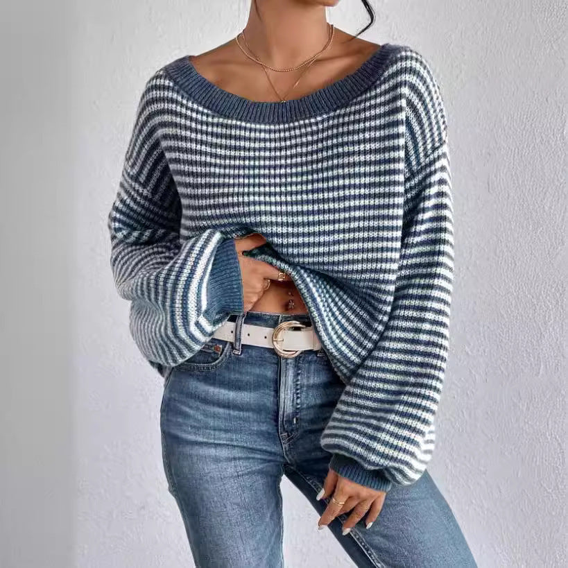 Women's Off-neck Shoulder-baring Sweater Contrast Color