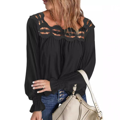 Loose Pullover Shirt Hollow Out Lace-collared Blouse Women