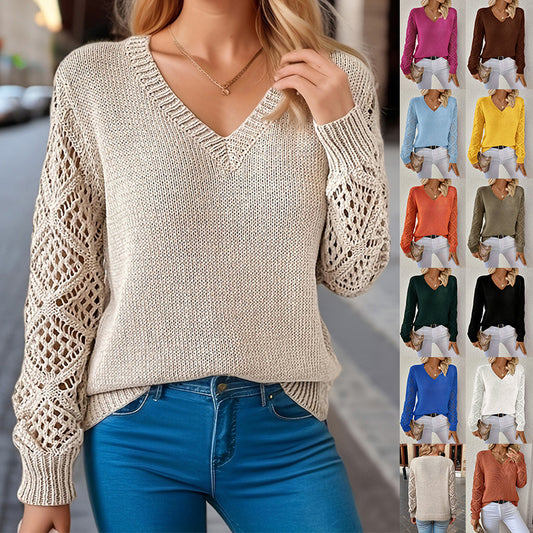 Loose Hollow Knitted Sweater Long-sleeved Pullover V-neck Top Women's Clothing