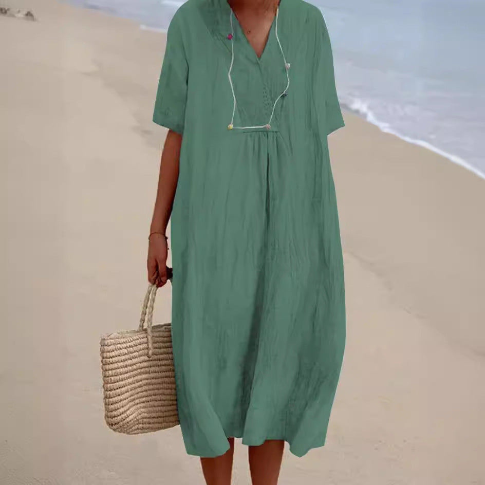 Women's Cotton And Linen Solid Color And V-neck Fashion Style Dress