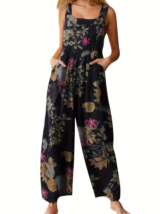 Women's Ethnic Style Suspender Button Printing Jumpsuit