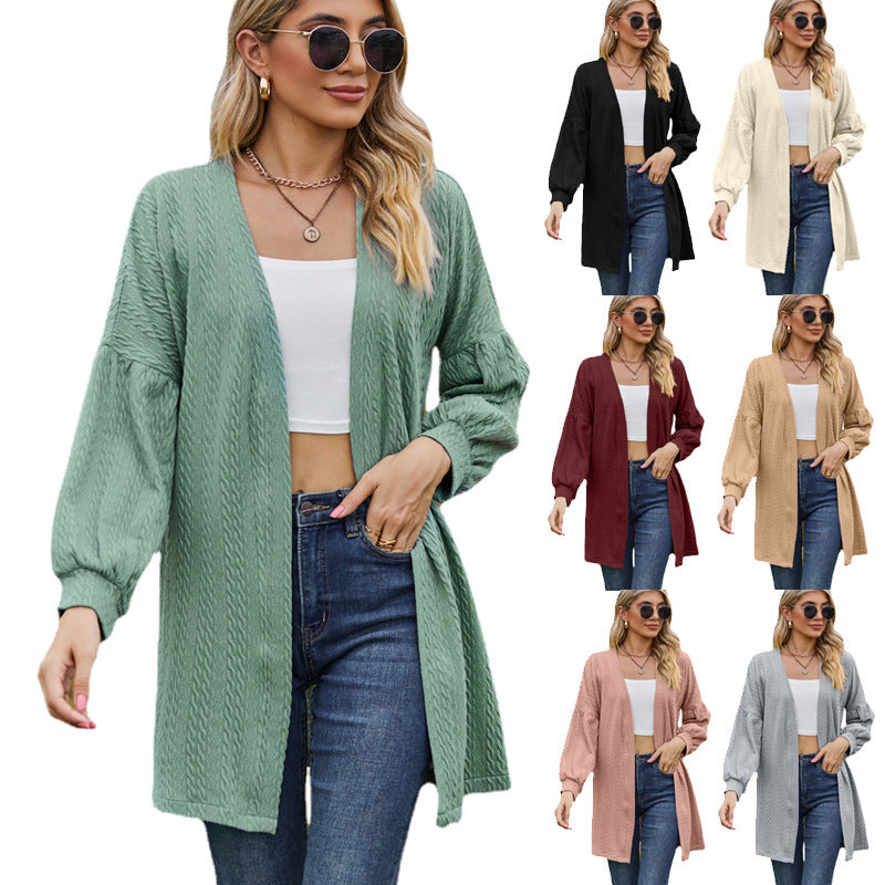 Long Sleeve Solid Color Loose Cardigan Top Women's Knitting Coat