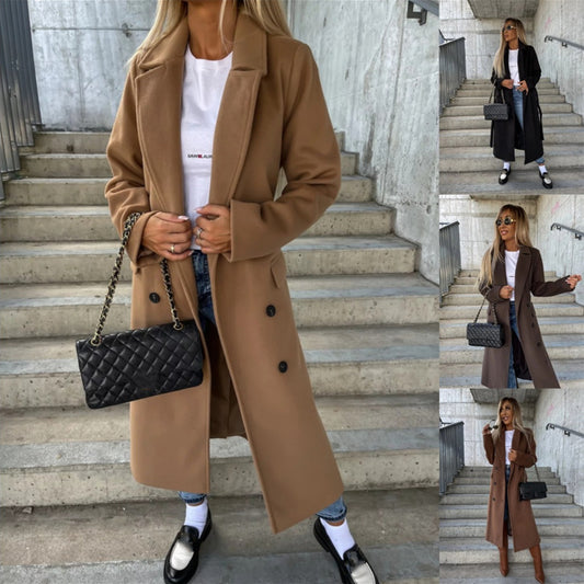 Autumn And Winter Simplicity Long Sleeve Lapel Button Split Woolen Coat For Women