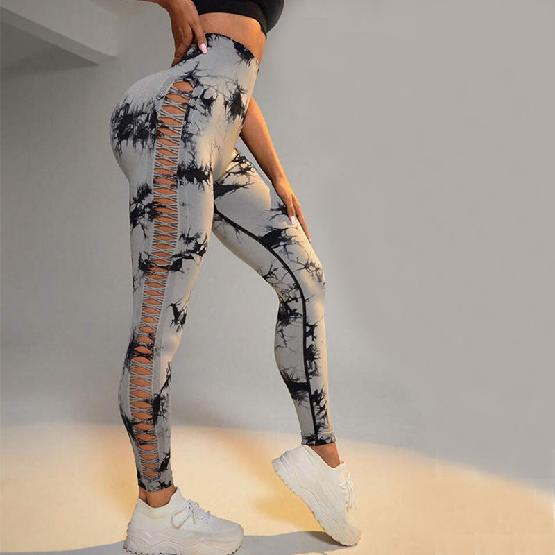 Pantalon de yoga imprimé tie-dye creux taille haute, rehausseur de fesses, sans couture, leggings de sport, de fitness, pantalons slim pour femmes, pantalons serrés