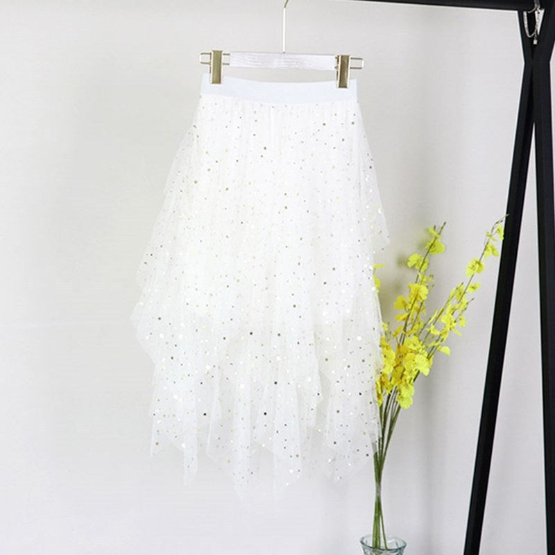 Irregular Mesh Hem Splicing Fluffy Skirt High-Waisted Gauze Skirt