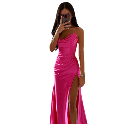 Breast Shrink Pleated Slit Satin Slim-fit Bag Buttock Dress