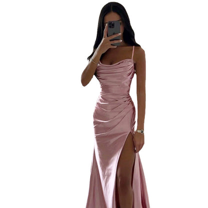 Breast Shrink Pleated Slit Satin Slim-fit Bag Buttock Dress