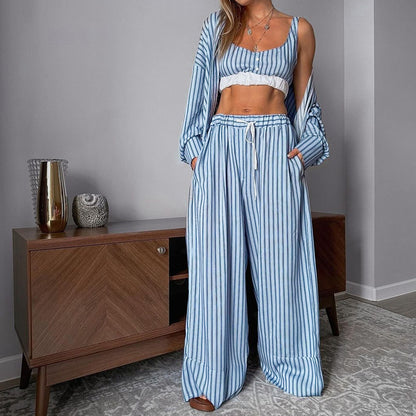 Women's 3 Piece Suit  Y2K Aesthetic Striped Tank Top Long Sleeve Shirt And Elastic Waist Stretch Trousers For Casual Wear