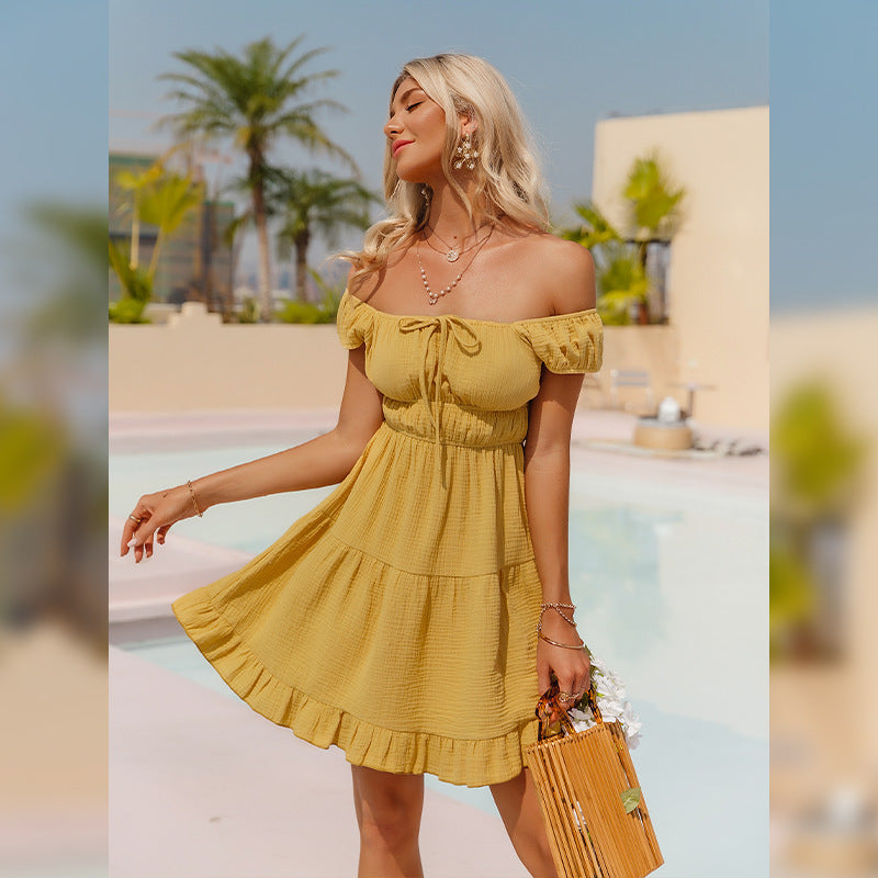 Square Collar Waistband A-line Skirt European And American Vacation Leisure Off-the-shoulder Dress Yellow Cotton