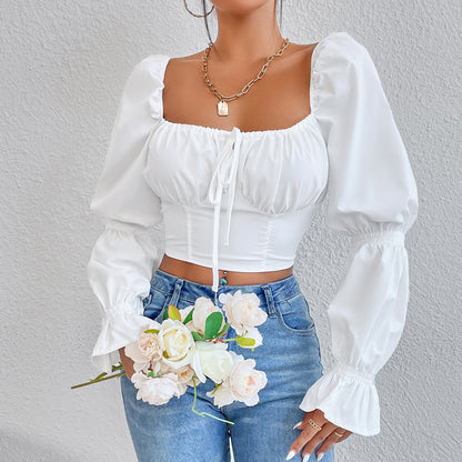 Pure White Long Sleeve Shirt With Lace Up Front And Zippered Back