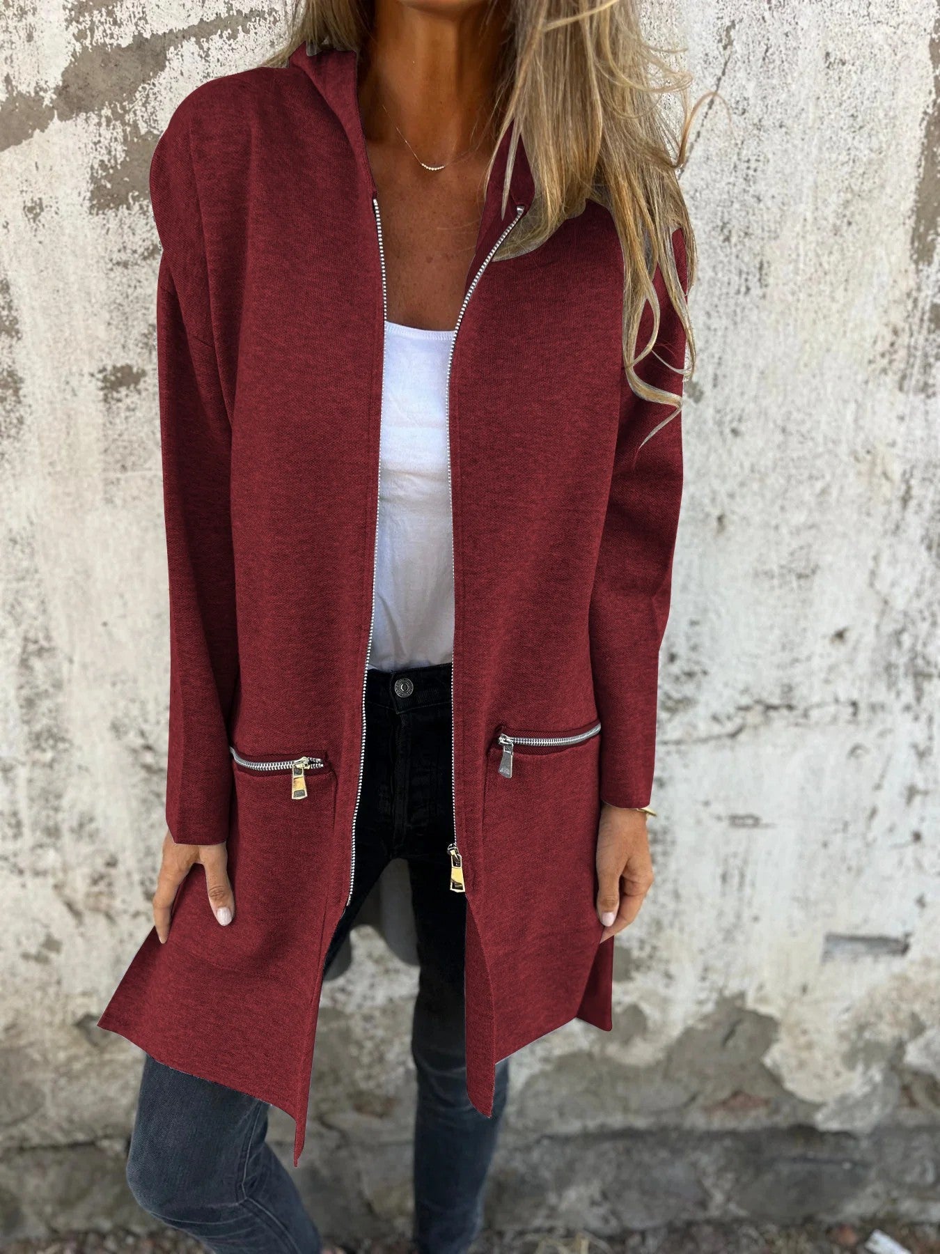 Manteau à capuche décontracté à fermeture éclair de couleur unie pour l'automne et l'hiver