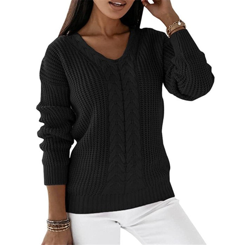 Long-sleeved V-neck Solid Color Twist Casual Knitted Pullover Top