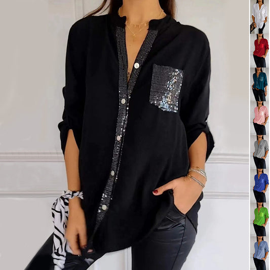 Chemise boutonnée décontractée à manches longues avec poche à paillettes, haut tendance pour femme