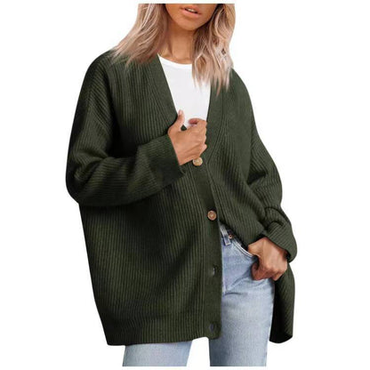 European And American Style Simple All-match Knitted Button V-neck Solid Color Sweater