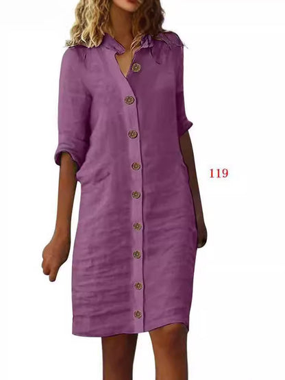 Shirt Collar Half Sleeve Large Round Buckle Cotton And Linen Dress