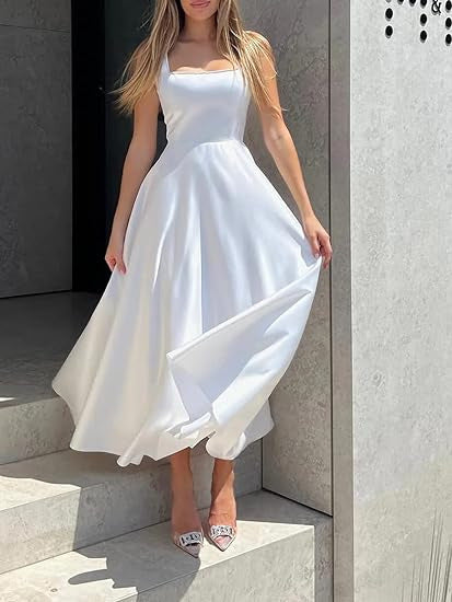 Robe longue décolletée sans manches à col carré pour femme