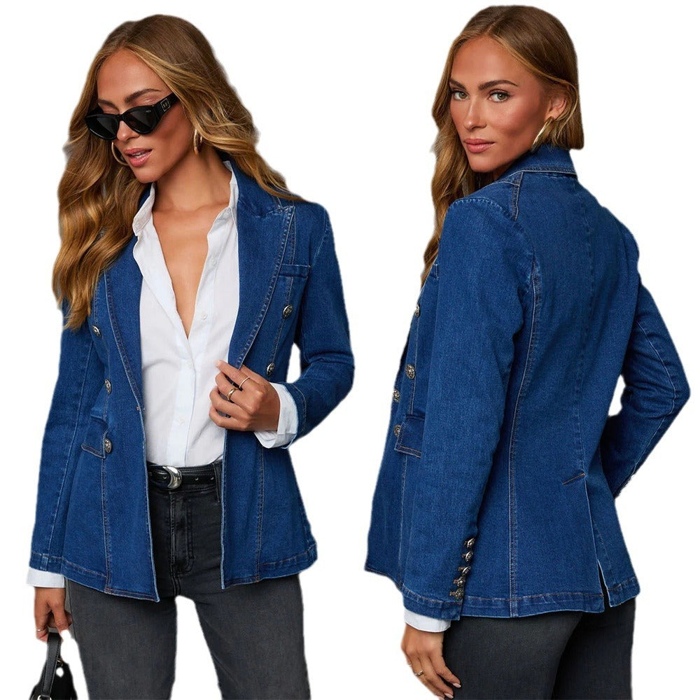 Manteau de costume décontracté en denim bleu pour femme