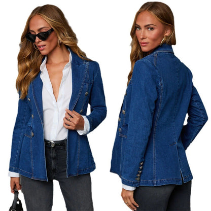 Casual Blue Denim Female Suit Coat