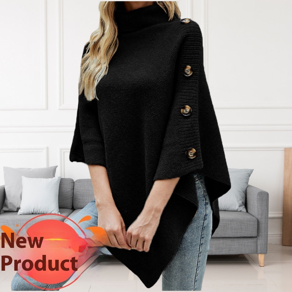 Autumn And Winter New Solid Color Turtleneck Shawl Cape Slit Knit Sweater