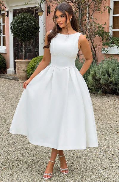 Damen Sling Langes rückenfreies, würdevolles Swing-Kleid mit Rundhalsausschnitt