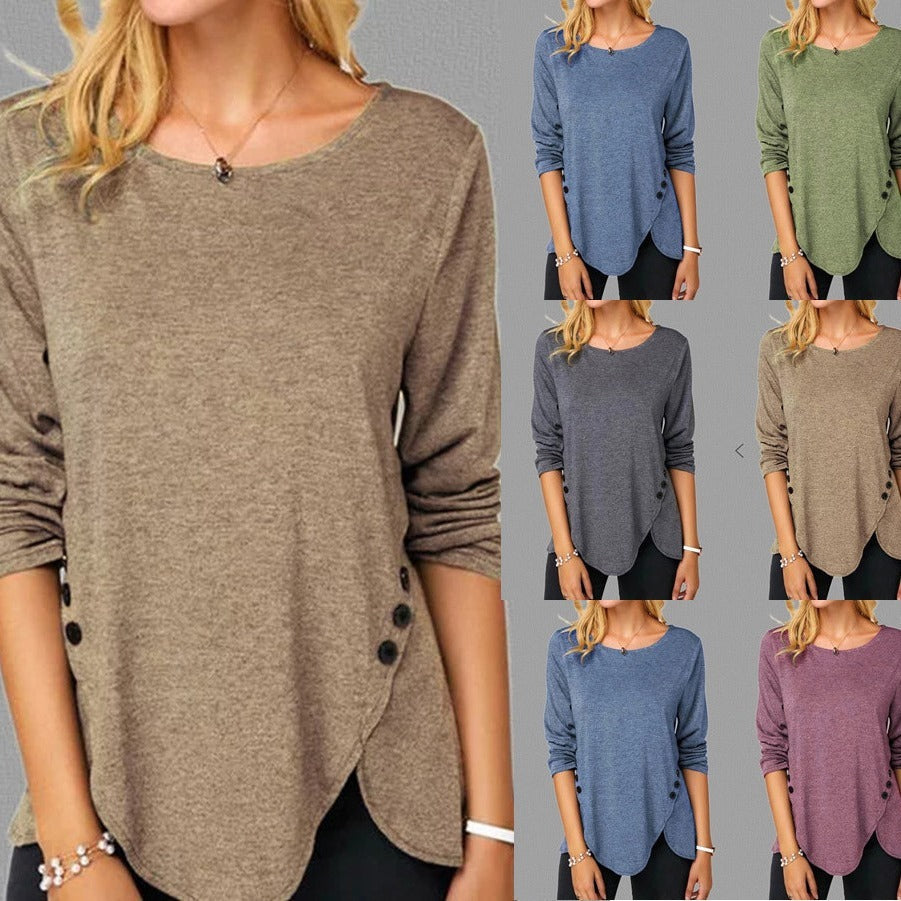 Spring And Summer Hot Style Irregular Button Hem Long Sleeve Round Neck T-shirt