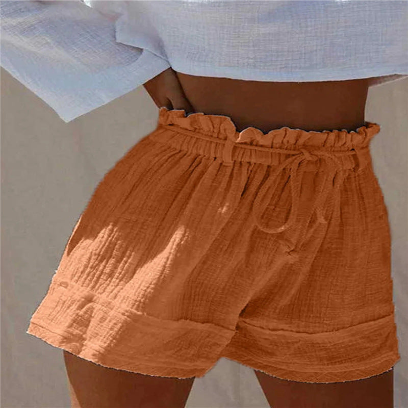 Einfarbige, lockere, plissierte Shorts aus Baumwolle und Leinen mit elastischem Gürtel und hoher Taille im Boho-Stil