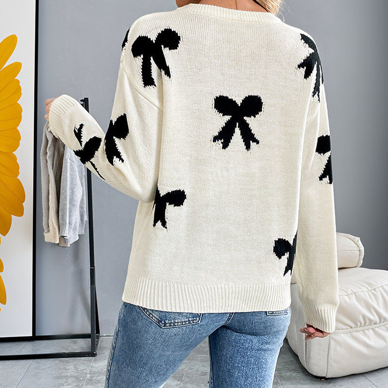 Round Neck Bowknot Jacquard Autumn And Winter Sweater Women