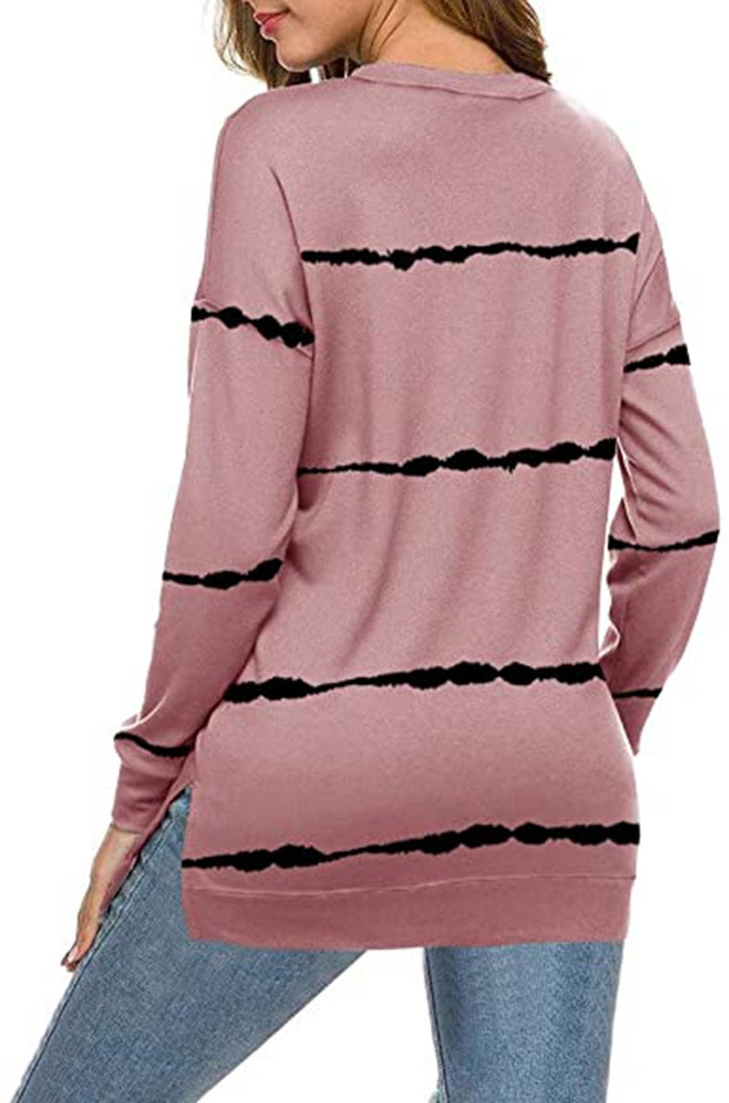 Printed striped round neck loose sweatshirt