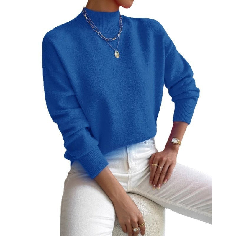 Autumn And Winter Half-high Collar Pullover Women's Fashion Solid Color Loose Knitted Top